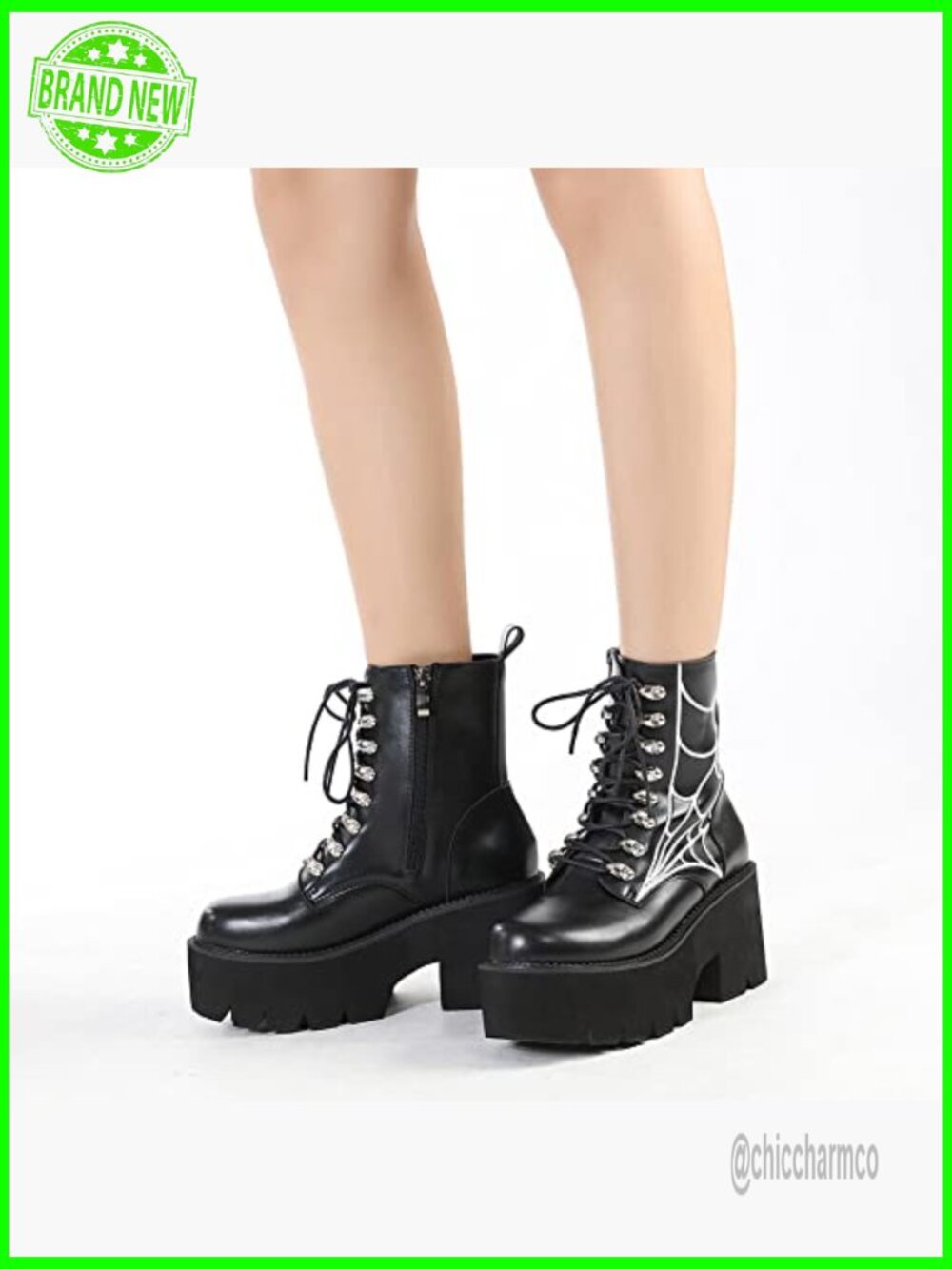 Women's Chain Platform Boots Lace Up Chunky Heel Combat Ankle Booties Studded - Picture 5 of 7